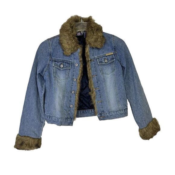One Tuff Babe Denim Jacket Faux Fur Trim Blue Woman Size L Button Close - Picture 2 of 11